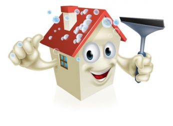 37621271 - a cartoon house mascot holding a squeegee with soapy bubbles on the roof